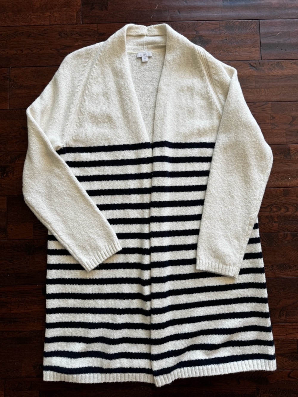 J.Jill Cozy Open-Front Cream and Navy Nautical Striped Women’s Long Cardigan LRG